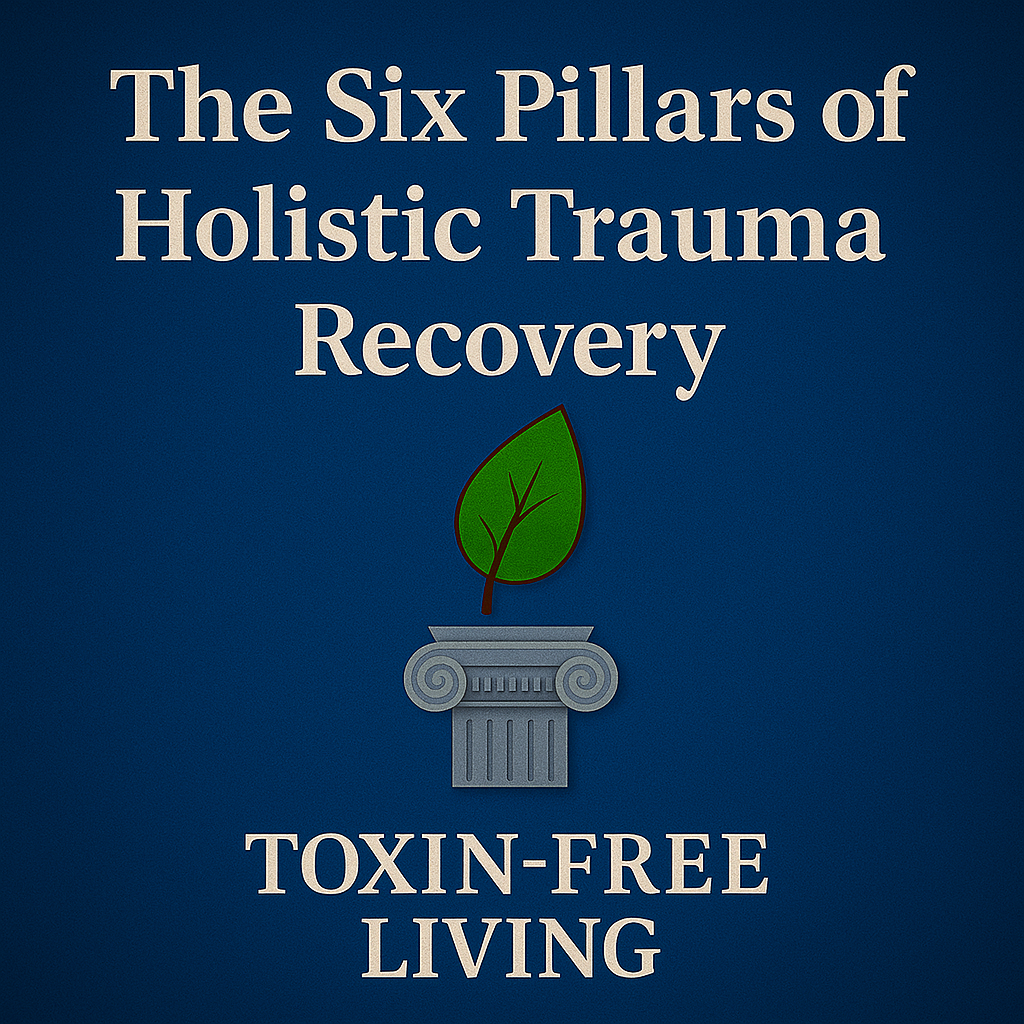 Graphic with the title of the article and a single pillar with a leaf to represent pillar six of the six pillars of holistic trauma recovery: toxin-free living.