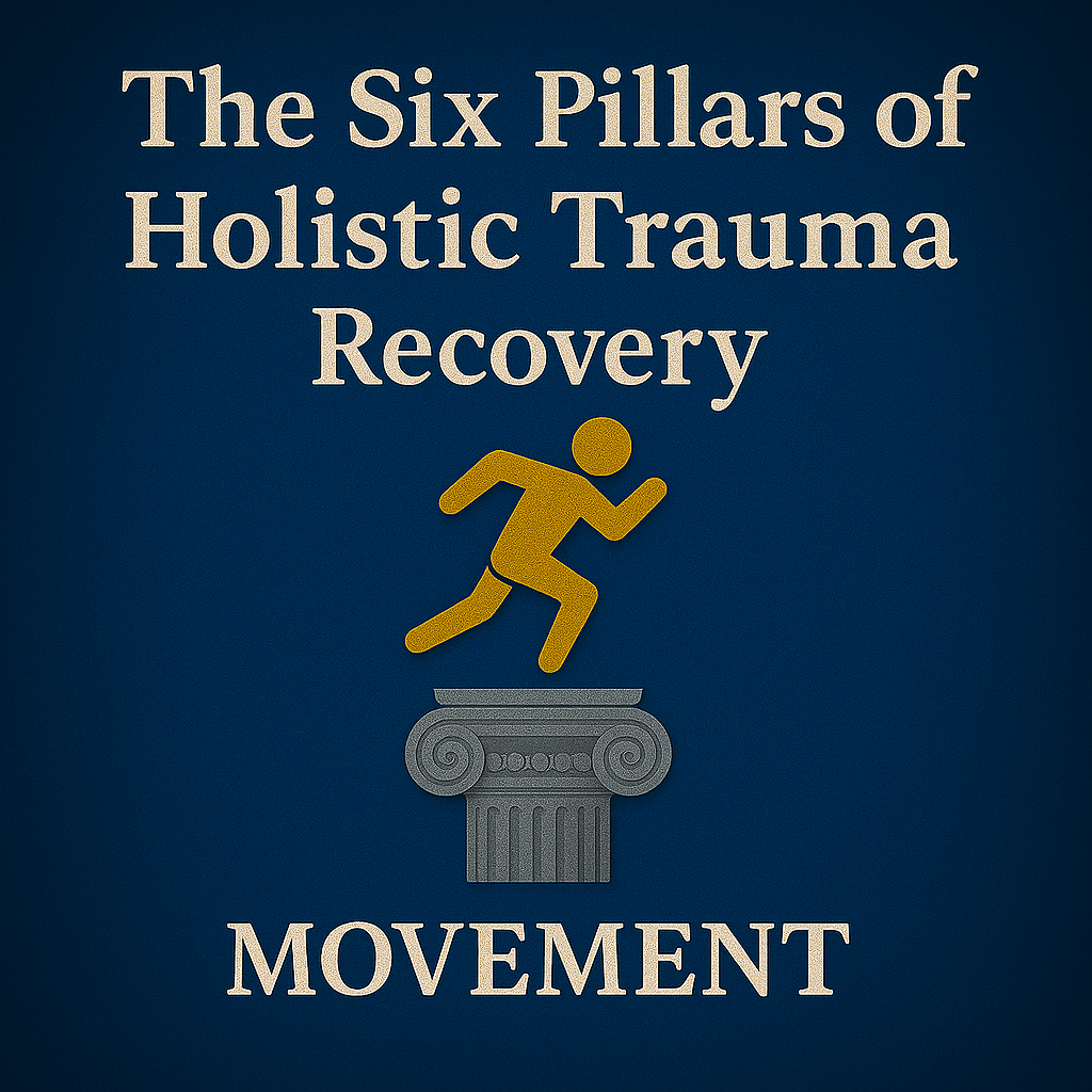 Graphic with the title of the article and a single pillar with a running man emblem to represent pillar two of the six pillars of holistic trauma recovery: movement.