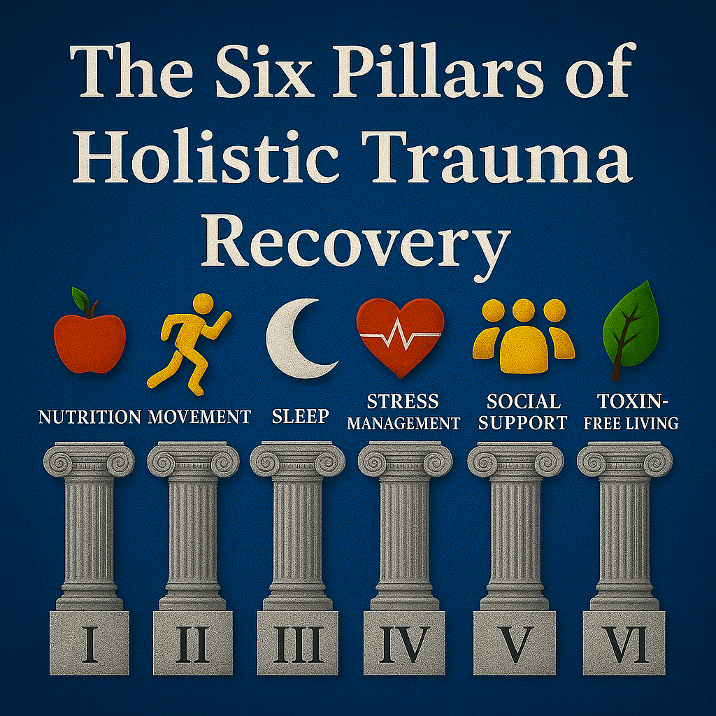 Graphic with title The Six Pillars of Trauma Recovery with individual stone pillars representing each pillar of holistic trauma recovery: nutrition, movement, sleep, stress management, social support, and toxin free living in Austin, TX.