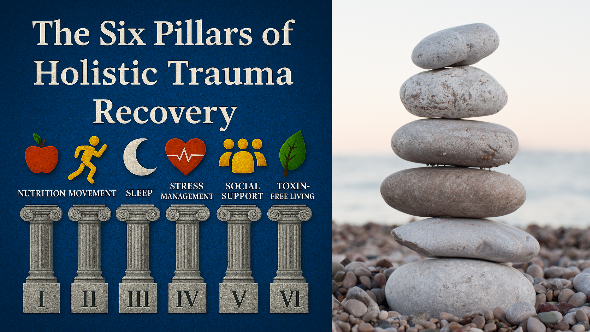 A graphic titled "The Six Pillars of Holistic Trauma Recovery" with icons representing nutrition, movement, sleep, stress management, social support, and toxin-free living, each on a classical column with Roman numerals I to VI. Next to the graphic is a balanced stack of seven smooth stones on a pebbled beach with a blurred ocean background during sunset.
