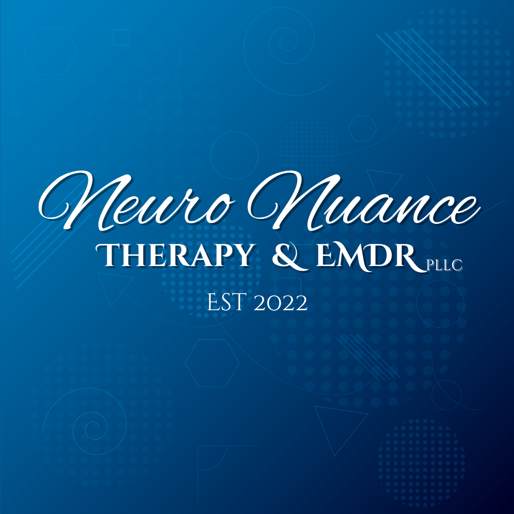 Blue and white logo for Neuro Nuance Therapy and EMDR, PLLC, established in 2022, founded by Alex Penrod, MS, LPC, LCDC.