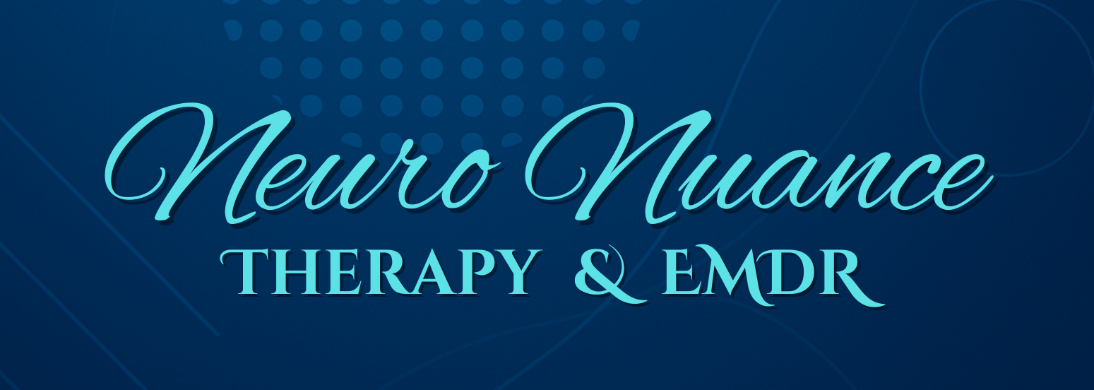 Text that reads 'Neuro Nuance Therapy & EMDR' on a dark blue background with abstract dot and line patterns.