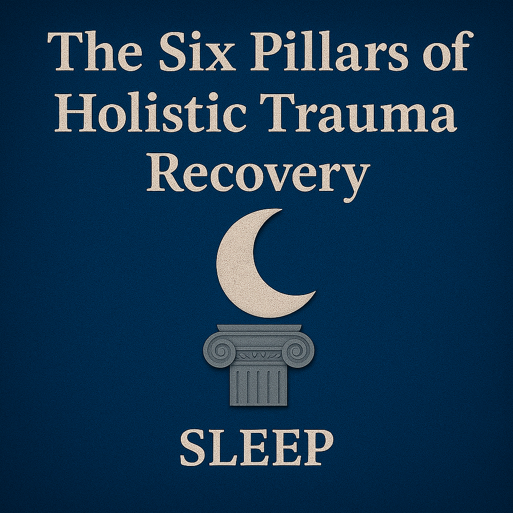 Graphic with the title of the article and a single pillar with a moon to represent pillar three of the six pillars of holistic trauma recovery: sleep.