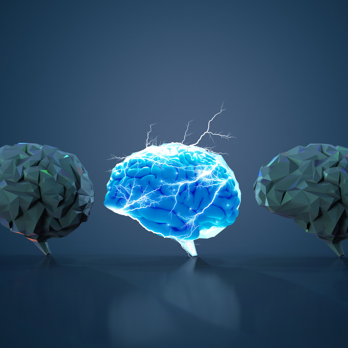 Graphic of 3 brains in a row with the brain in the middle lighting up with activity symbolizing neuroplasticity and neuro nuance.