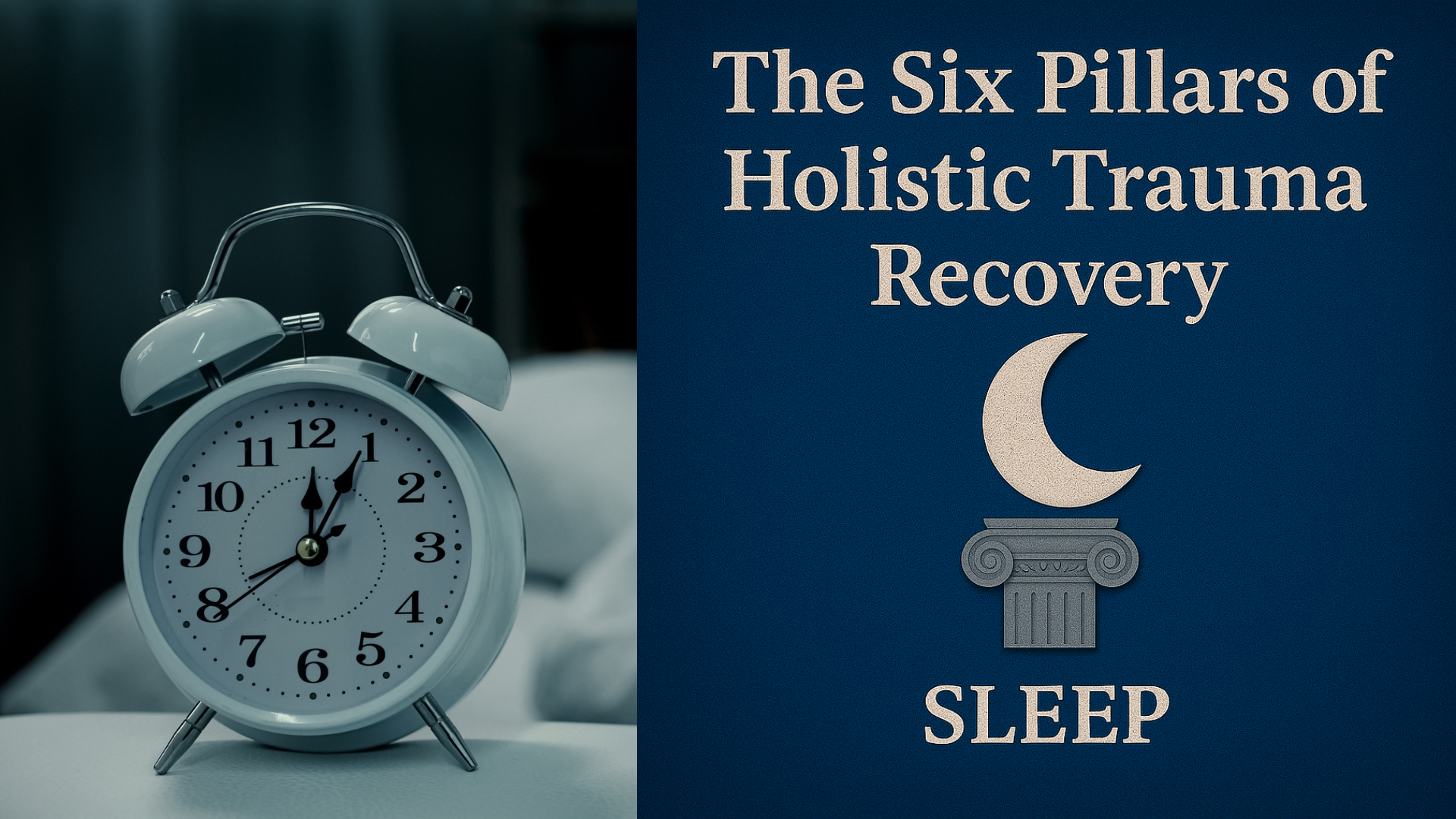 Split screen image with image of alarm clock on left side and graphic of sleep pillar on right side.