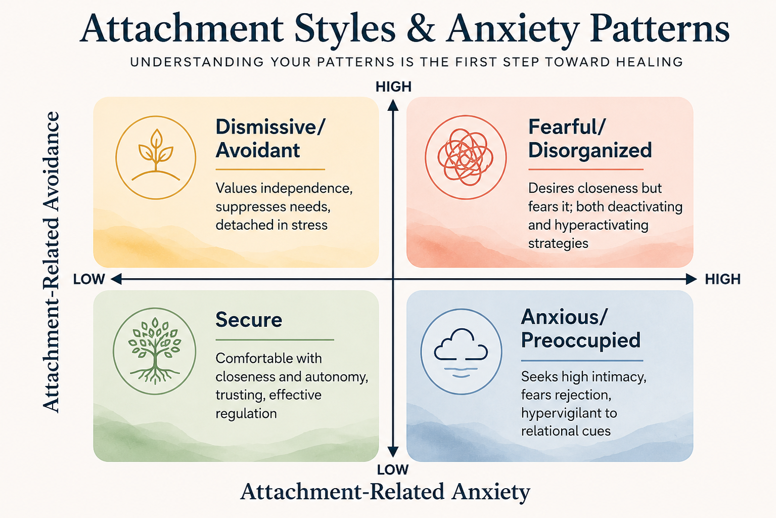 A two-axis chart showing adult attachment styles: anxiety (low to high, left to right) and avoidance (low to high, bottom to top). Quadrants are Secure (green), Anxious/Preoccupied (blue), Dismissive/Avoidant (yellow), and Fearful/Disorganized (red)