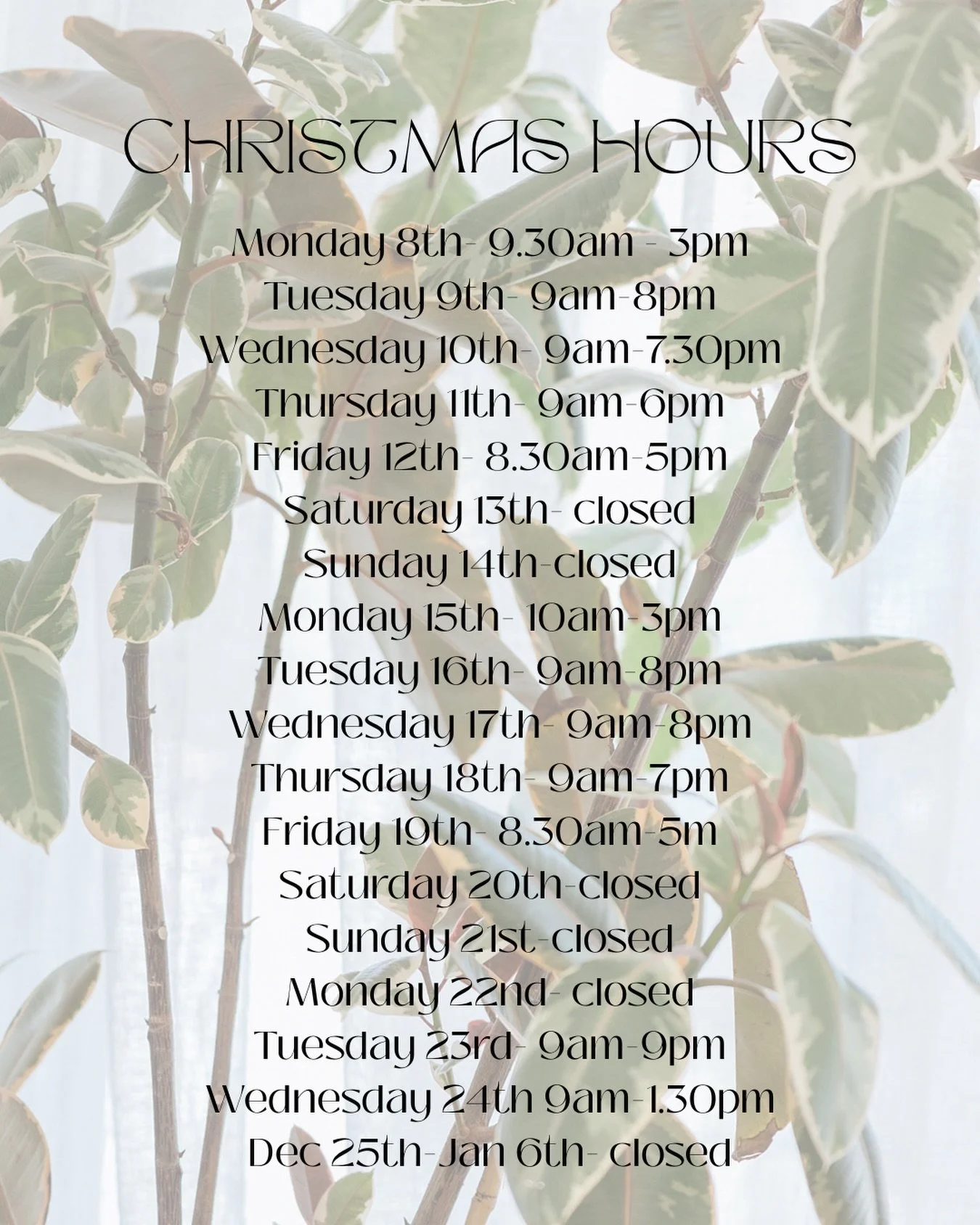 Our Christmas hours ❤️❤️❤️

Please note that we are fully booked but you can message us to join our waitlist and we&rsquo;ll let you know if there&rsquo;s any cancellations 🎄