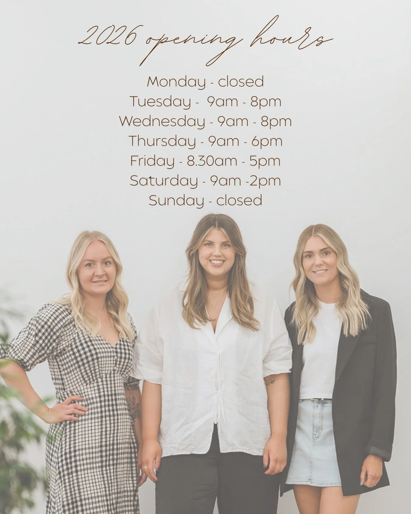 Opening hours for 2026 ✨

We hope you all had a lovely Christmas and New Year break and we can&rsquo;t wait to welcome you back ✨

Looking ahead to 2026, we&rsquo;ll be open on Saturdays, with Abbey being the only stylist in the salon on these days. 