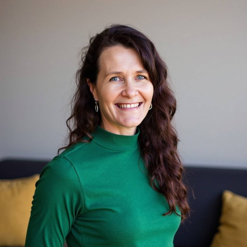 A smiling woman with short dark hair standing outdoors in a park with trees in the background, wearing a light blue patterned blouse and dark jeans.