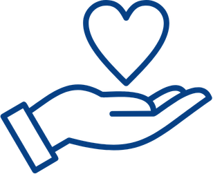 A line drawing of a hand with a heart above it, symbolizing care or giving.