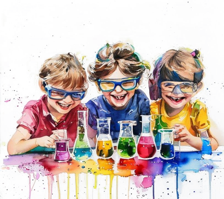 Watercolor illustration of three delighted children in safety goggles running a science experiment with colorful flasks