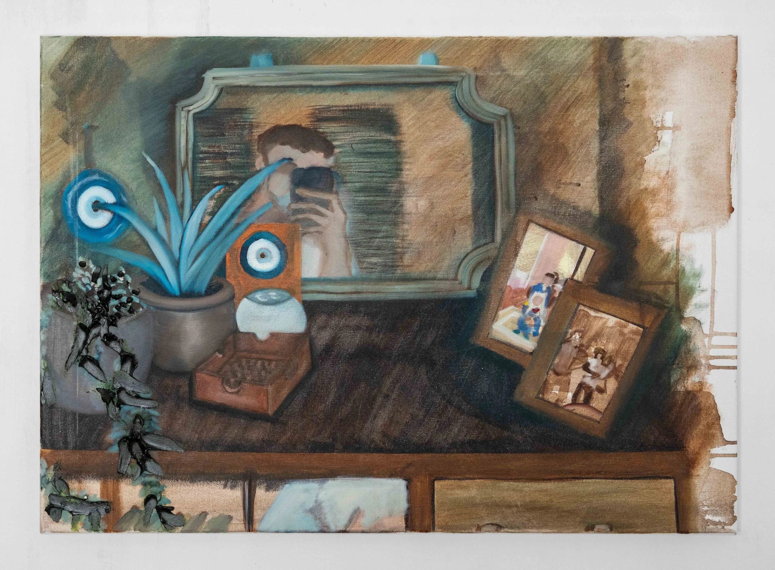 Still-life with mirror selfie, 2024, oil on canvas, 70x50 cm