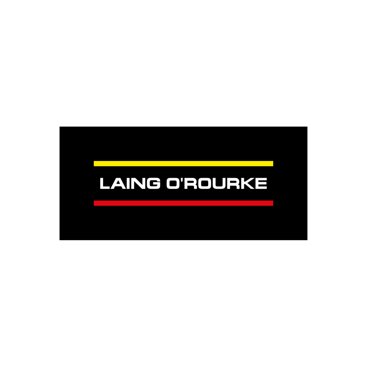 A logo featuring a black rooster silhouette with a yellow line above and a red line below. The words 'LAING O'ROURKE' are written in white capital letters across the center.