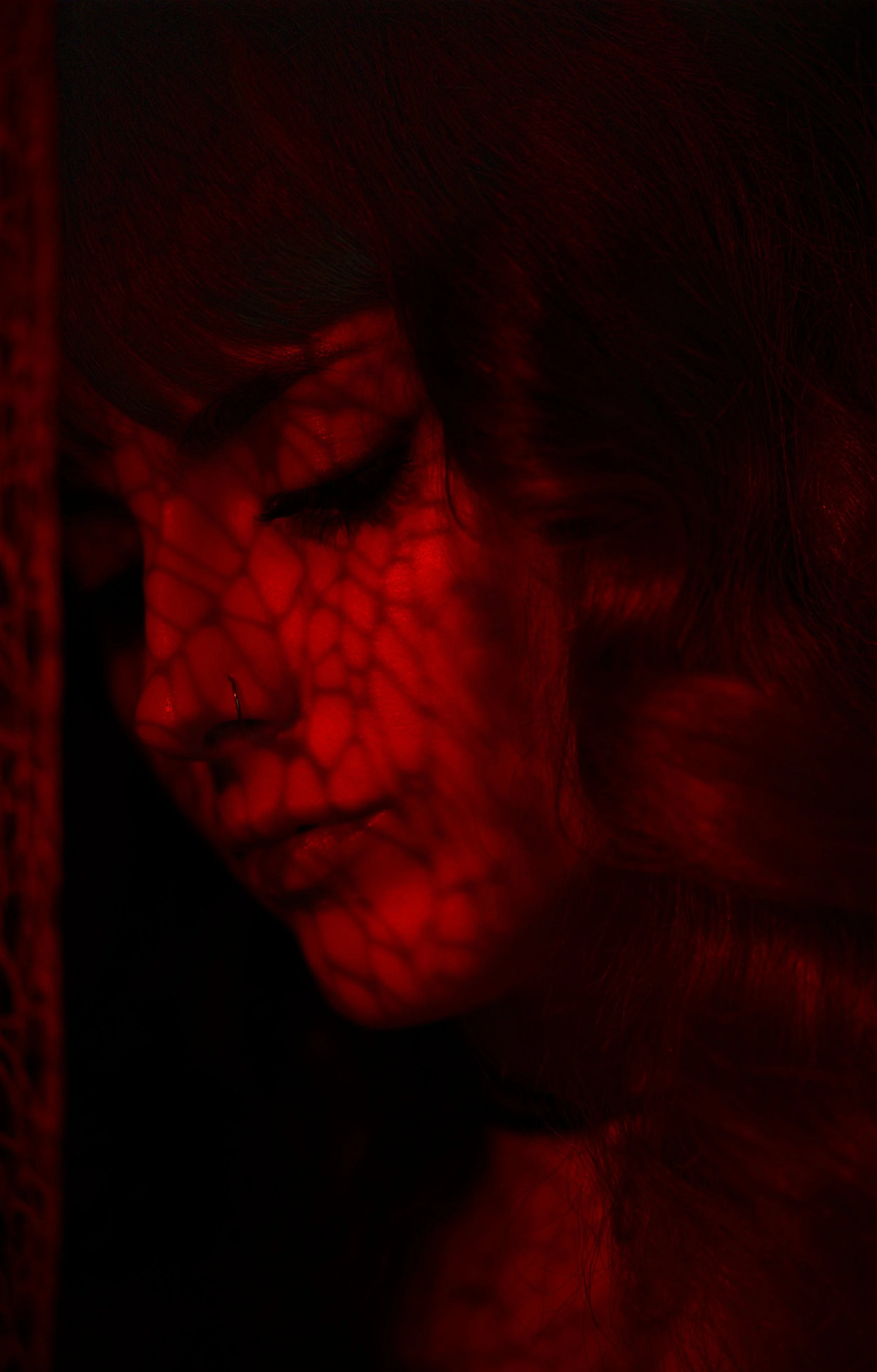 A close-up of a person's face with a shadow of a spiderweb pattern cast across it, with their eyes closed and a nose piercing. The image has a red hue.