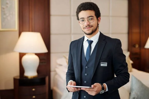 A young man in a business suit standing in a hotel room, holding a tablet and smiling.