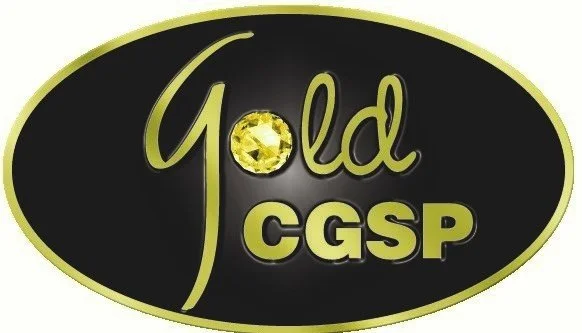 Logo with the word 'Gold' written in gold script, a gold gemstone replacing the letter 'o', and the letters 'CGSP' below on a black oval background.