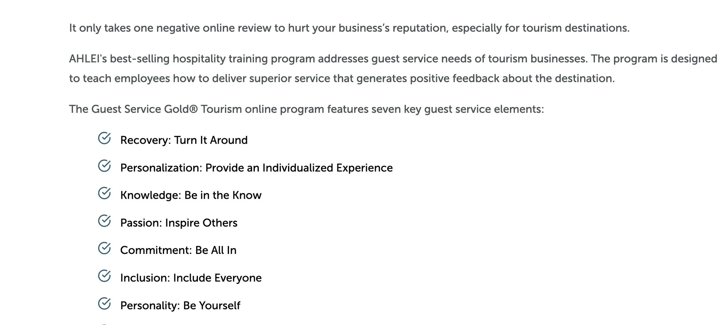 Text discussing the importance of online reviews for tourism businesses and details about AHLEI's Guest Service Gold® Tourism online program, listing seven key guest service elements: Recovery, Personalization, Knowledge, Passion, Commitment, Inclusion, Personality.