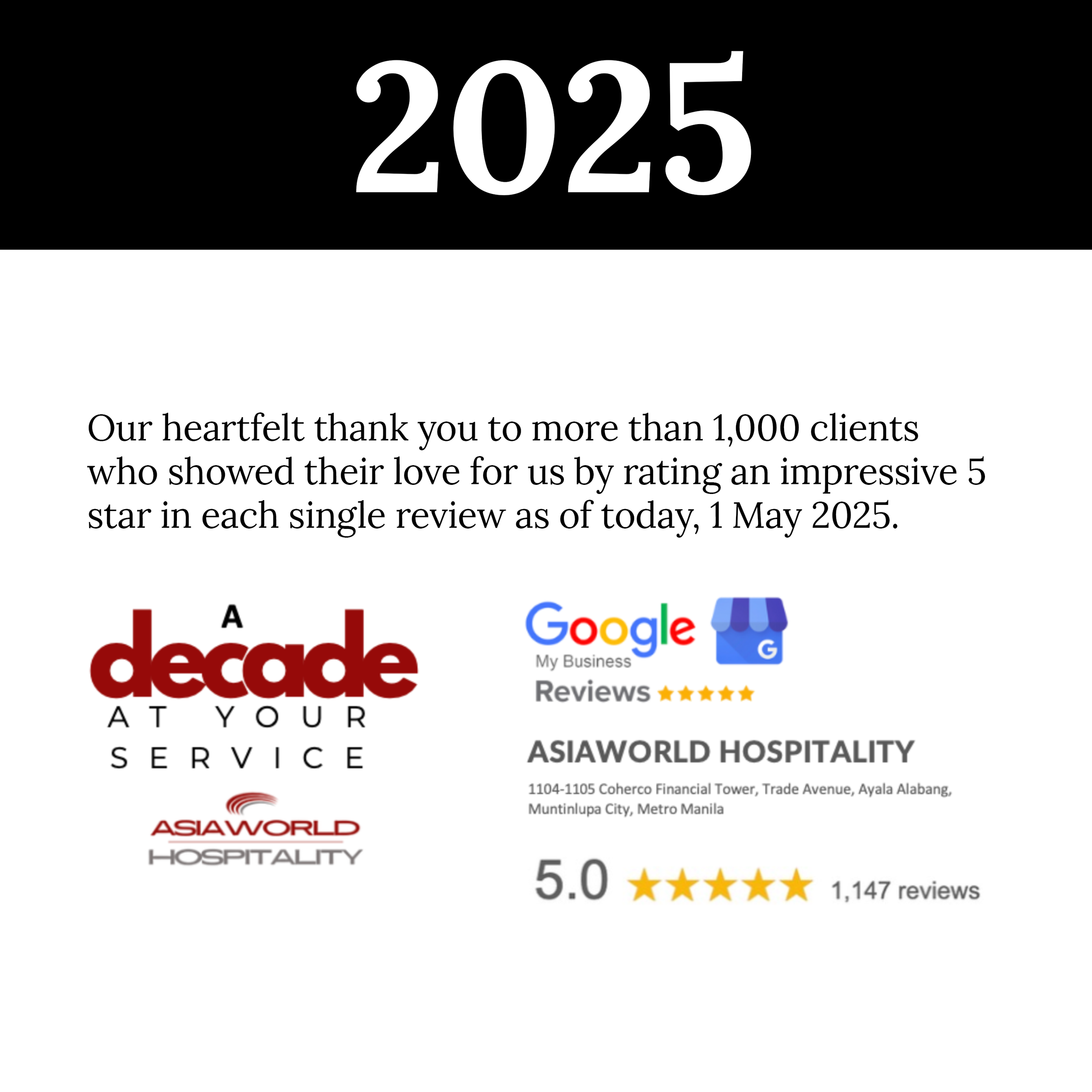 Celebration of customer reviews with large '2025' text and message thanking over 1,000 clients for rating their service a 5-star.
