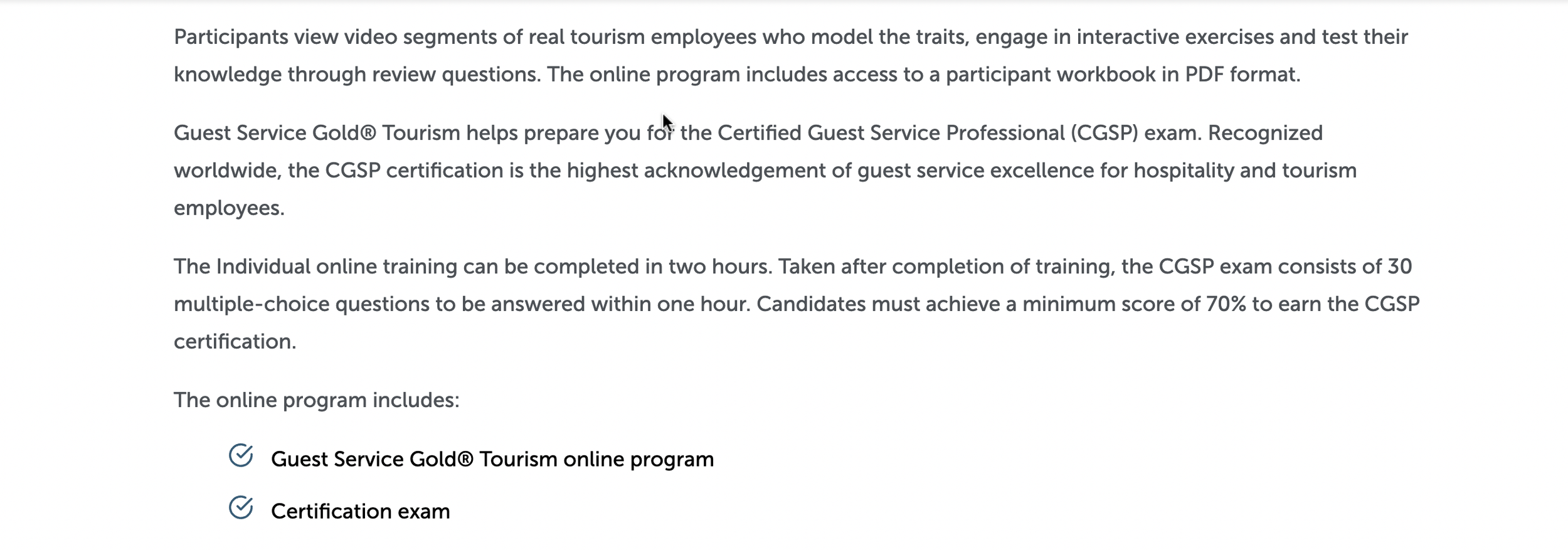 Screenshot of a webpage discussing online training programs for guest service certification, including details about video segments, exercises, review questions, and certification requirements.