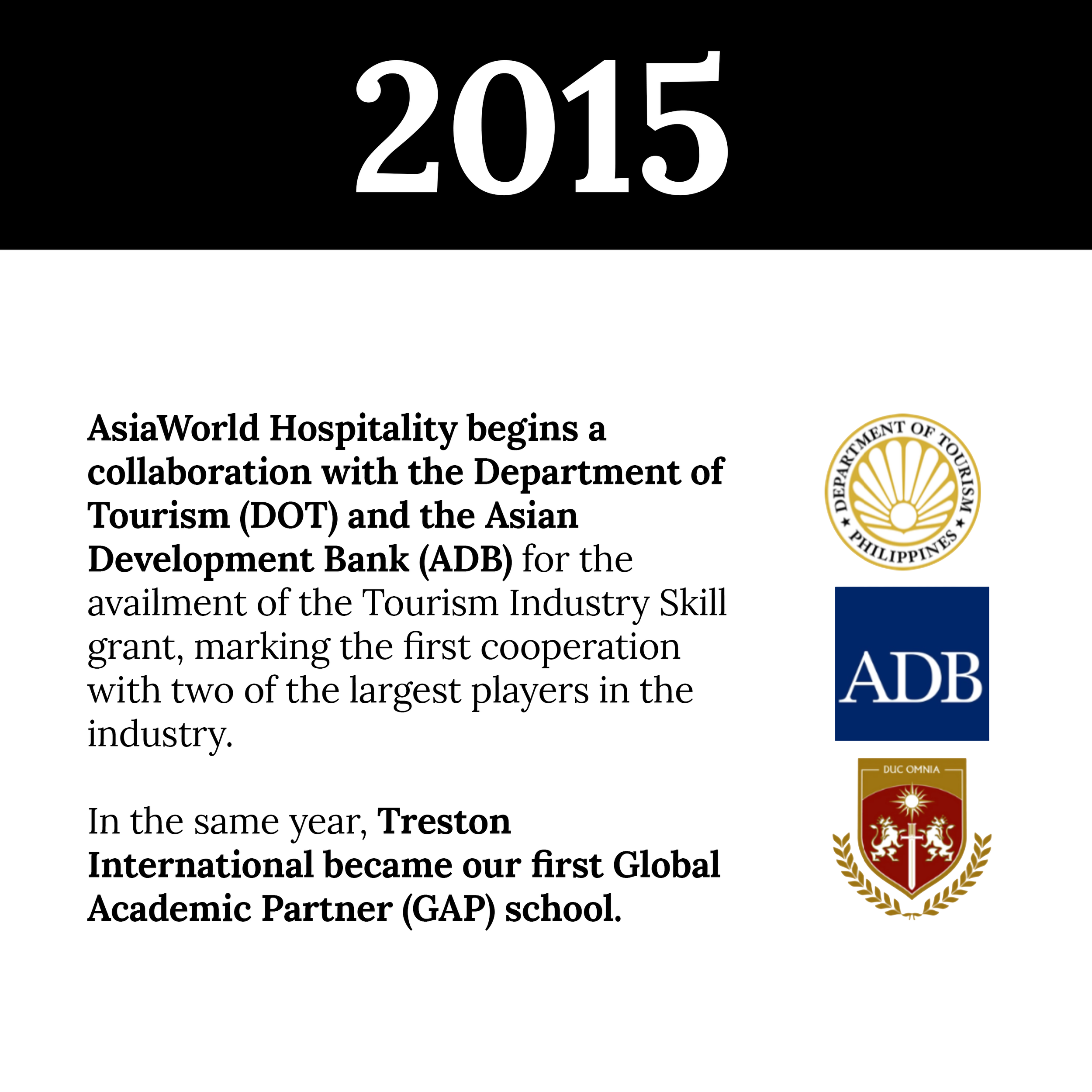 A digital graphic commemorating the year 2015 with the logo of the Asian Development Bank and text discussing AsiaWorld Hospitality's collaboration with the Department of Tourism and the Asian Development Bank at the 2015 global industry event.