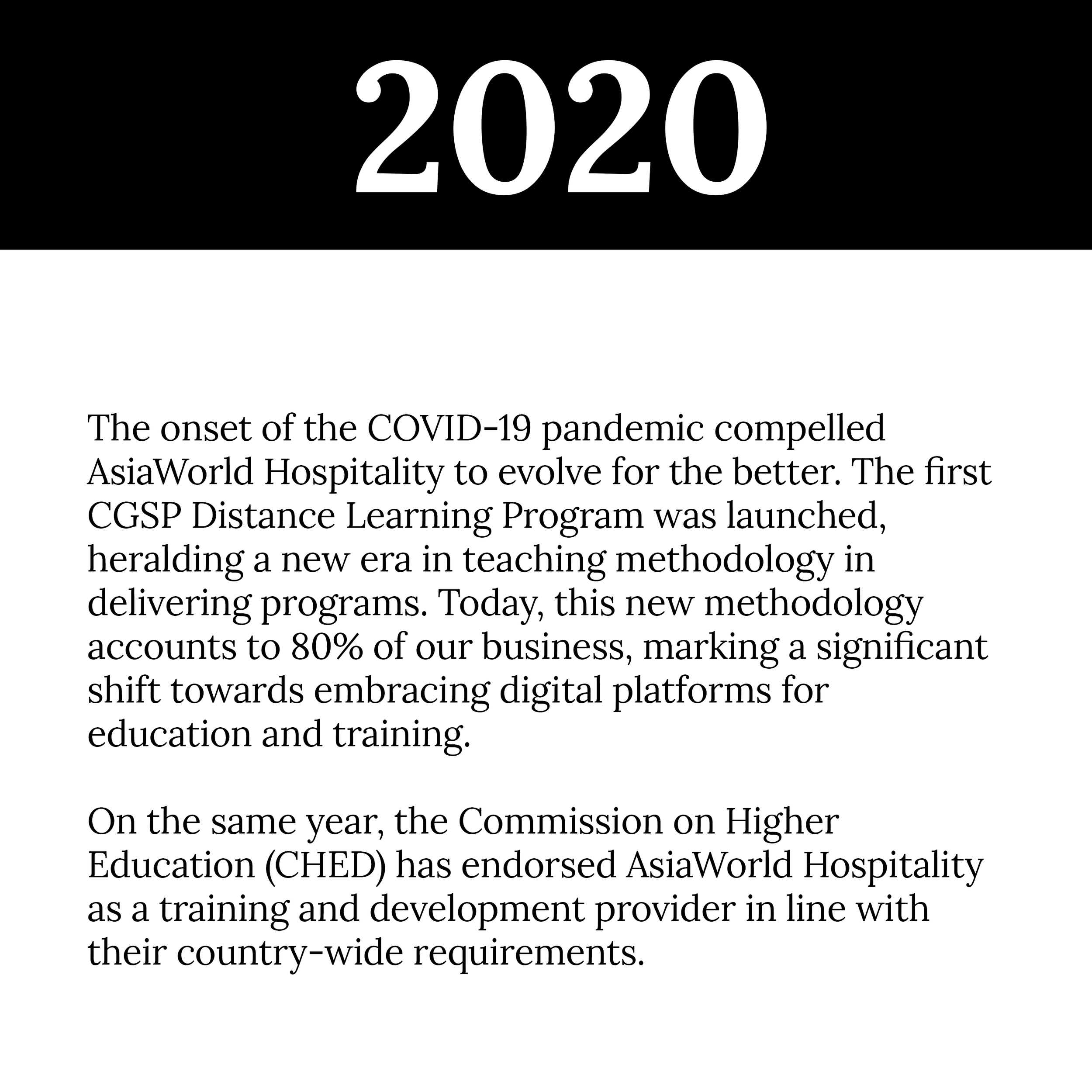 A graphic with the year "2020" displayed prominently against a black background, with accompanying text discussing the impact of the COVID-19 pandemic on education and hospitality sectors.
