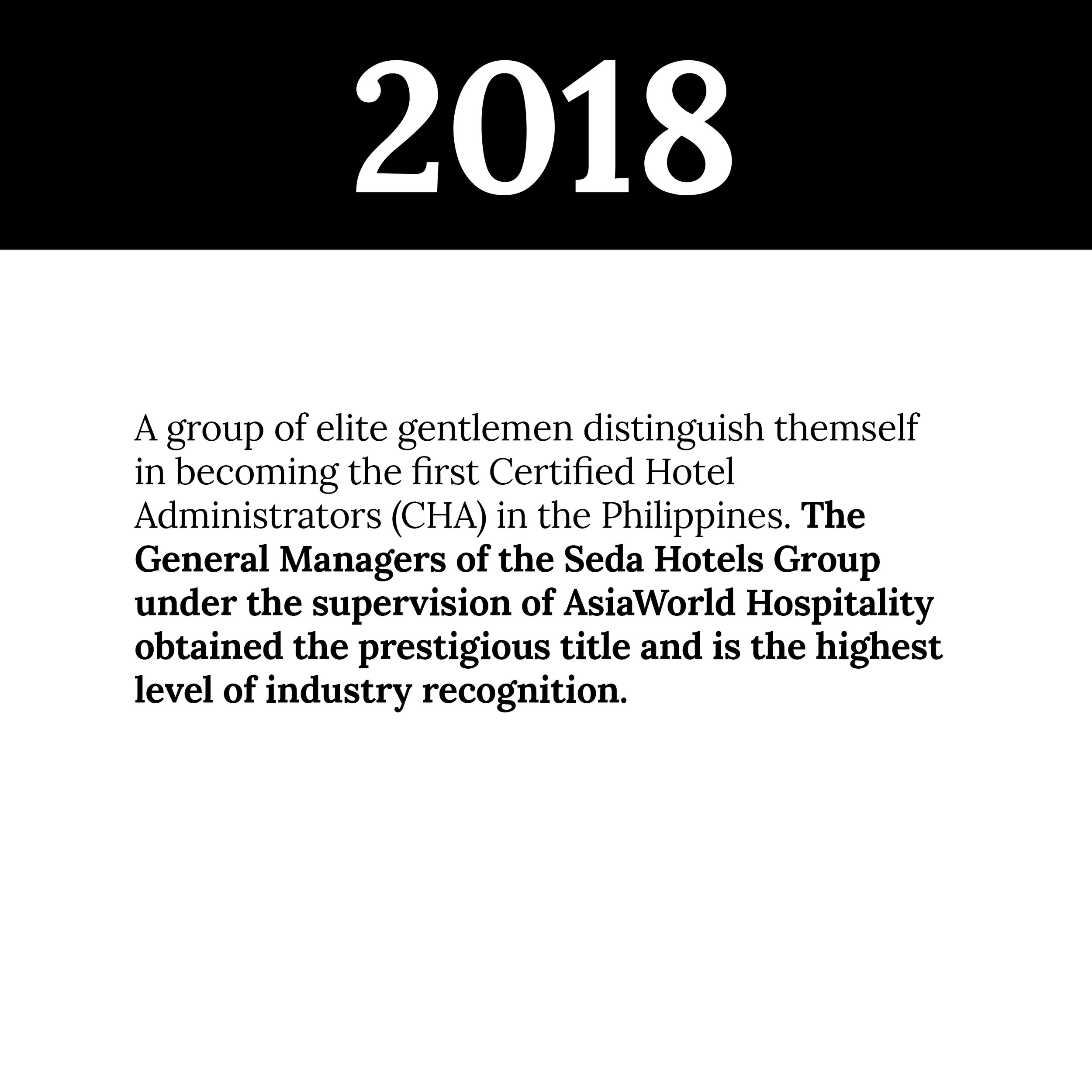A page from a publication with the year "2018" prominently displayed at the top, followed by text describing a group's achievement in becoming the first Certified Hotel Administrators in the Philippines.