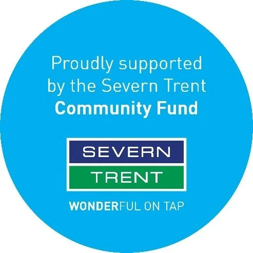 Blue circular sign supporting the Severn Trent Community Fund with the Severn Trent logo and the slogan "Wonderful on Tap".