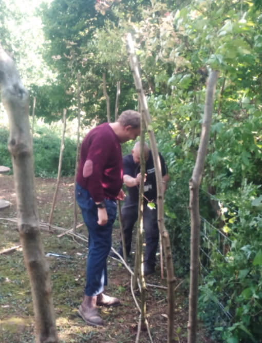 Two people inspecting or tending to a garden surrounded by trees and shrubbery.