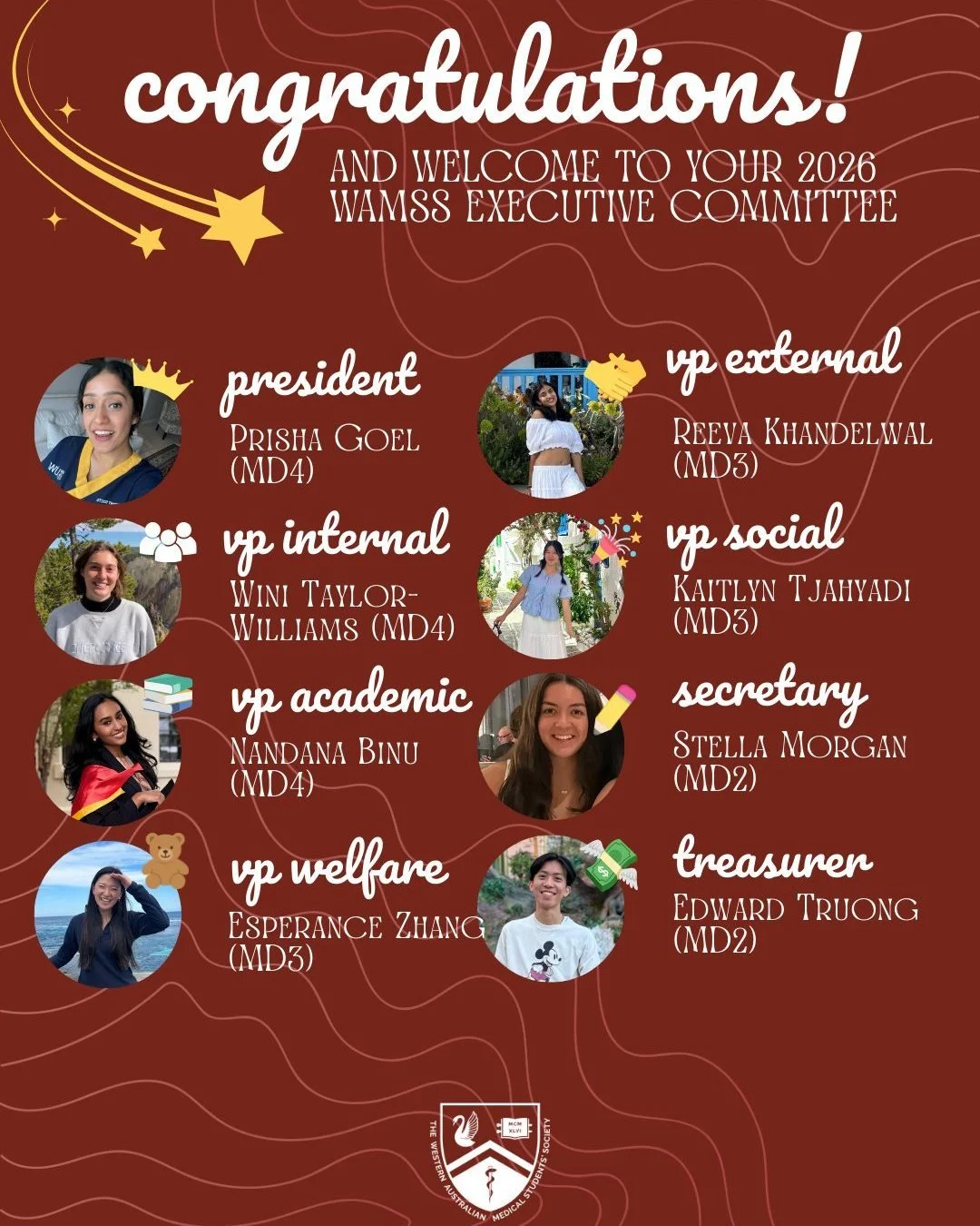 ‼️EXEC ELECTION RESULTS‼️

After a long morning of counting votes, the results are in! 

🥳 Congratulations to the following individuals who have been elected by the masses as WAMSS&rsquo;s incoming 2026 Executive Committee:

👑 President: Prisha Goe