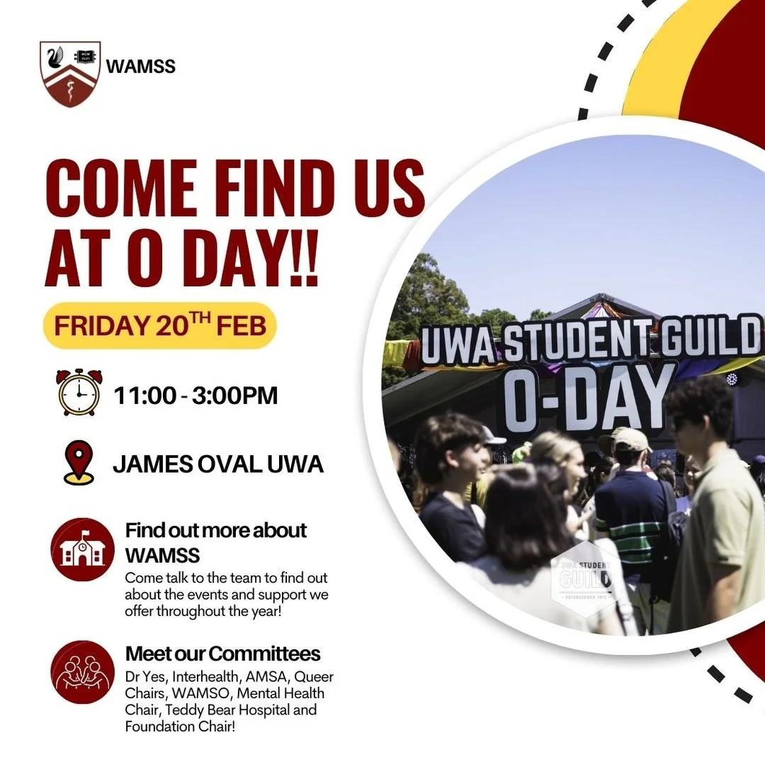 🎉 COME FIND US AT O-DAY!
📍 James Oval, UWA
⏰ 11AM &ndash; 3PM | Friday 20 Feb

Meet the WAMSS team and chat to our amazing portfolios:
@dryes.amawa @interhealthuwa @amsa_uwa @wamsoperth @teddybearhospitaluwa 

✨ Why sign up for WAMSS membership?
🎟