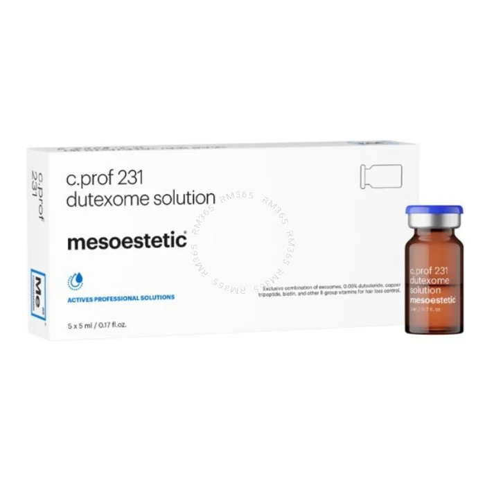 Boîte et flacon de solution médicale nommée 'c.prof 231 dutexome solution mesoestetic'.