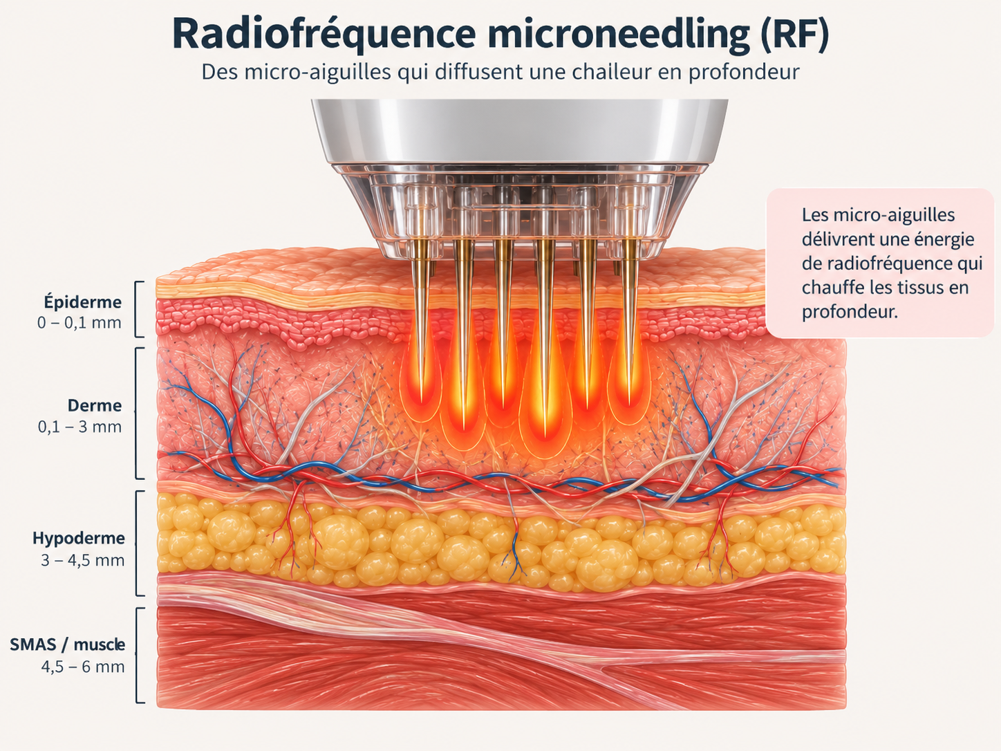 Schéma de la radiofréquence microneedling : micro-aiguilles délivrant une chaleur contrôlée dans le derme