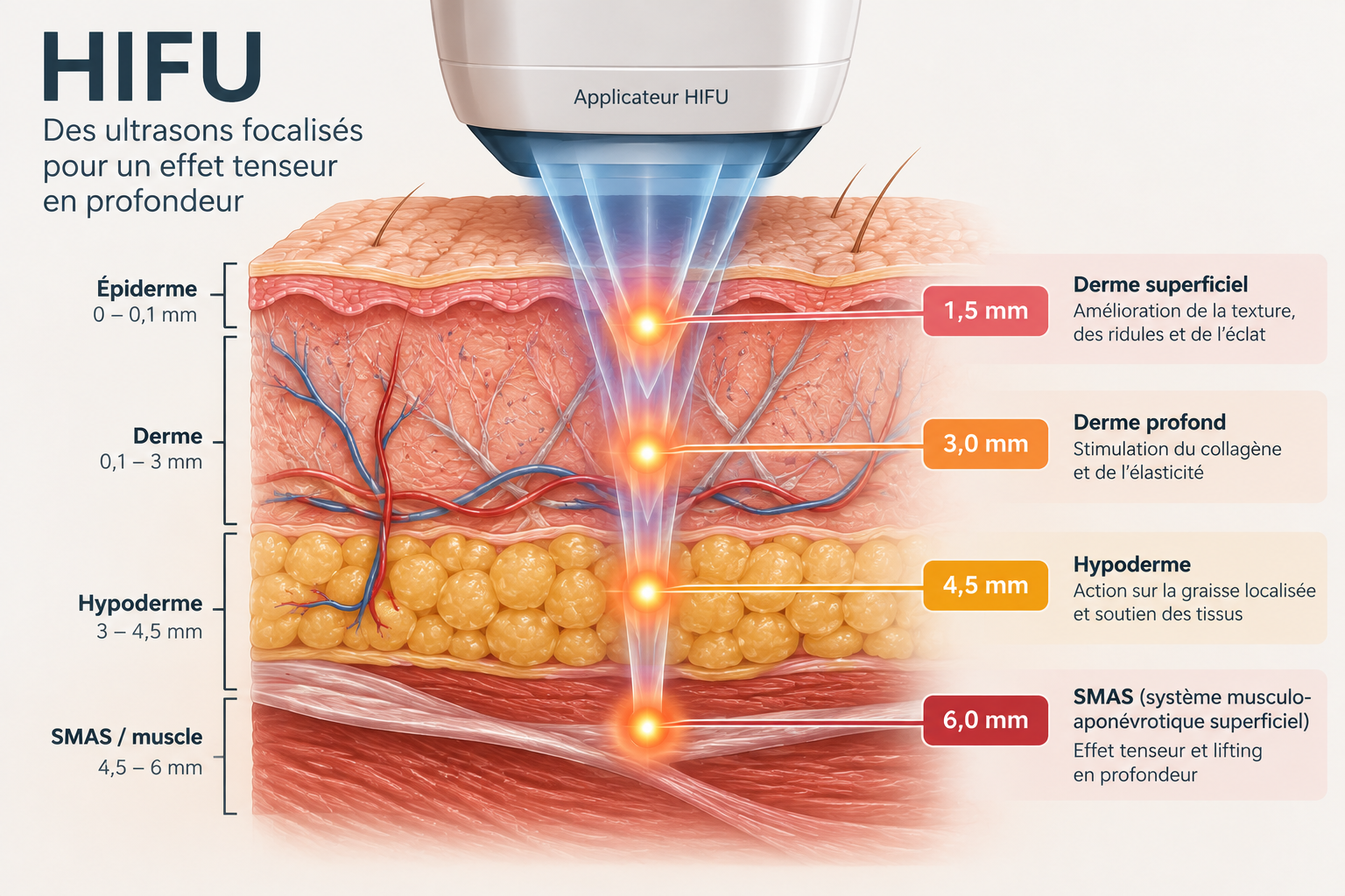Schéma des ultrasons focalisés HIFU agissant en profondeur sous la peau du visage