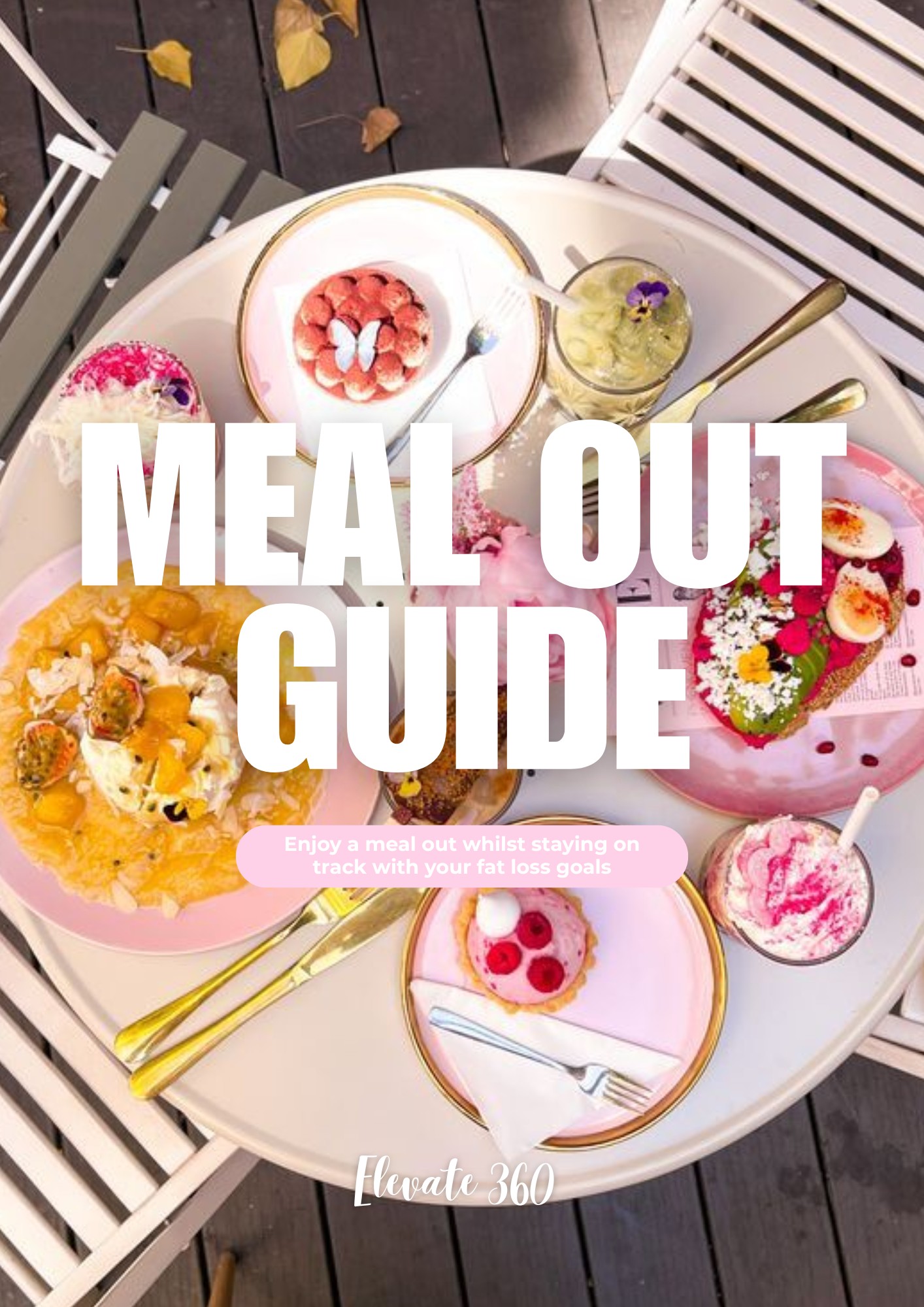 A table set with various colorful desserts and beverages, including a cake, fruit plates, and drinks, with the text 'Meal Out Guide' overlayed.