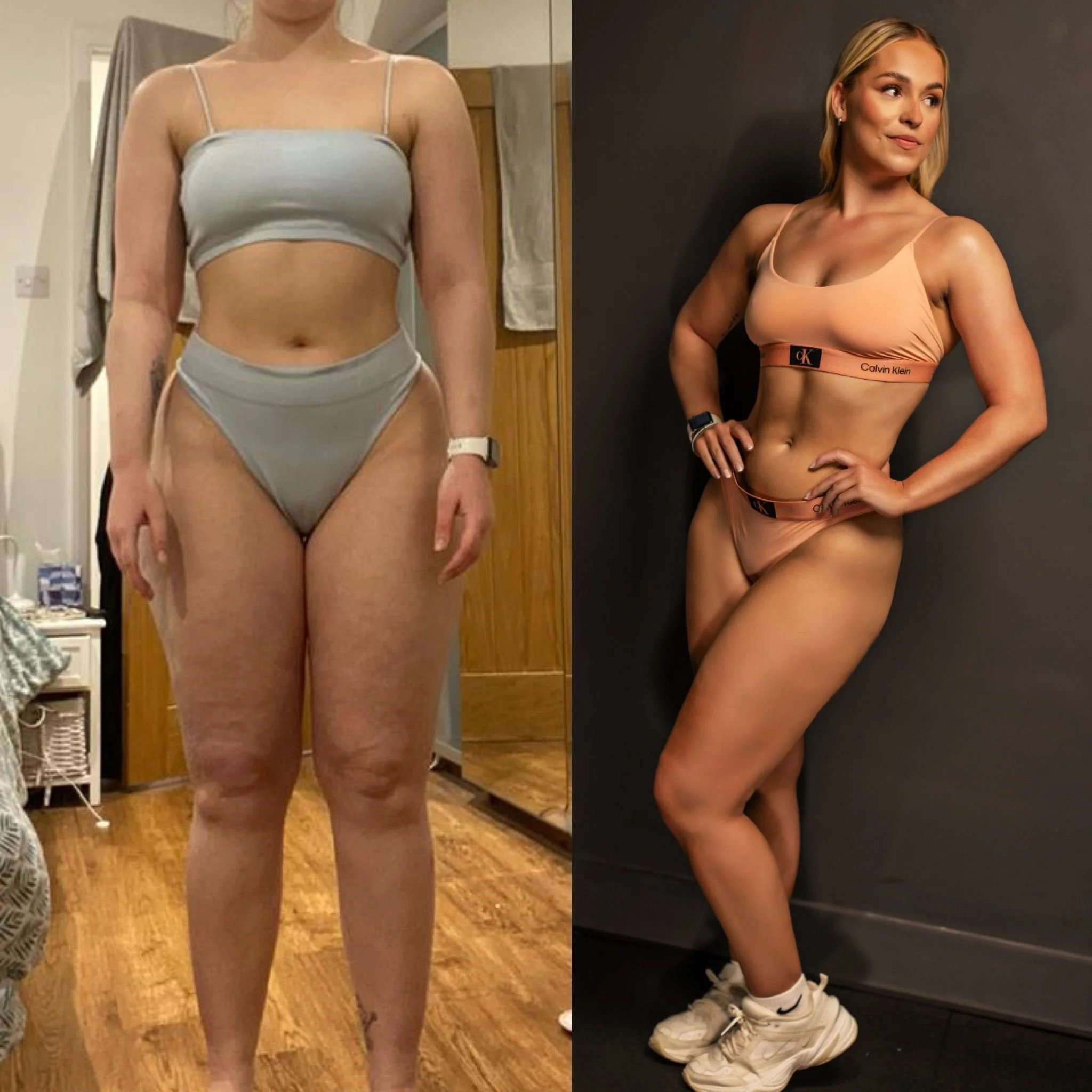 Before and after weight loss photos showing a transformation of a woman in athletic wear. The left image features her in a light blue outfit and the right image shows her in a peach-colored Calvin Klein set, highlighting changes in her physique.