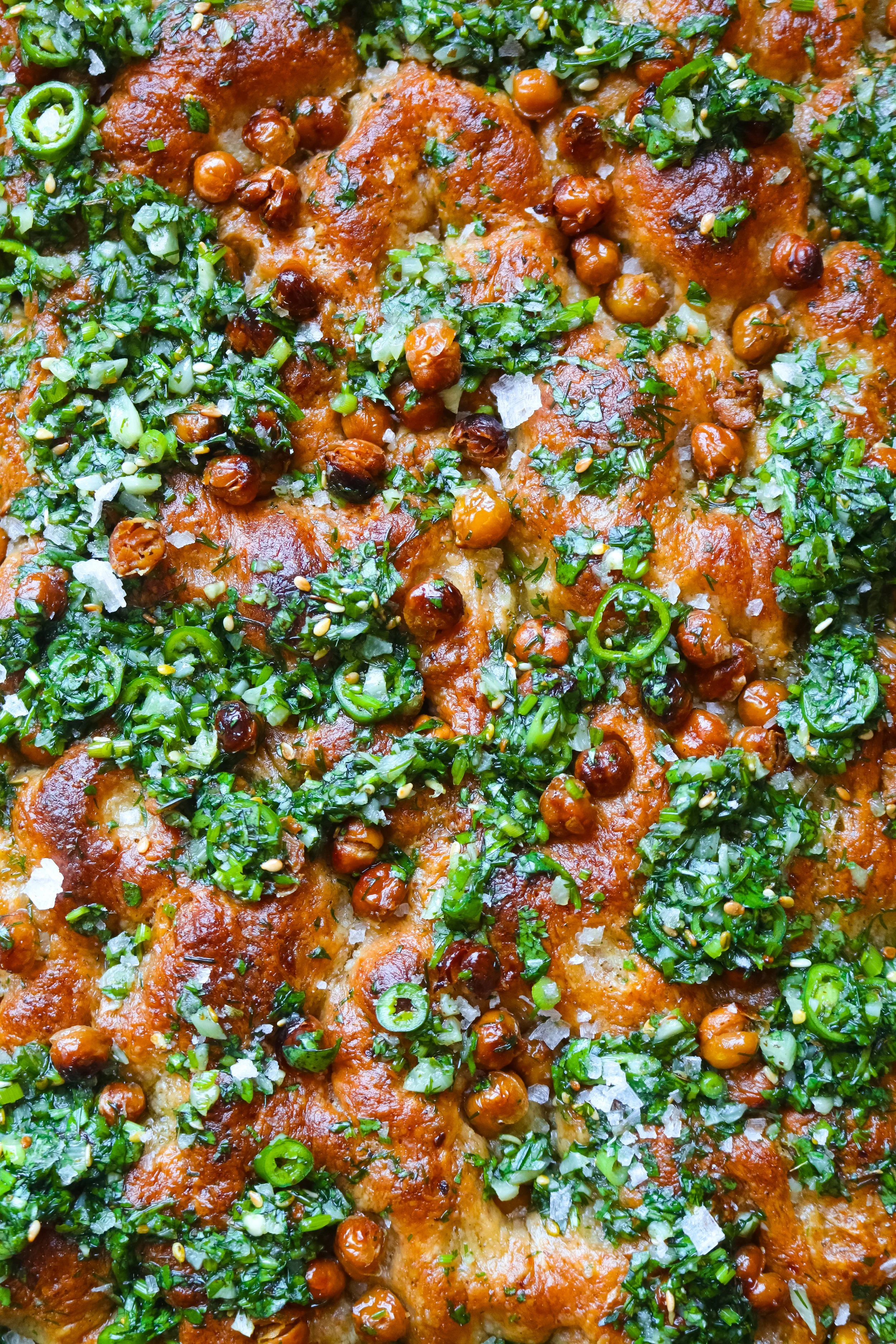 Extra Fluffy Hummus Focaccia with Garlic Herb Oil 