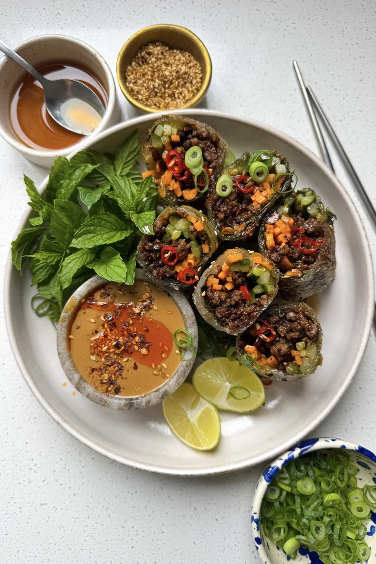 Cold halal beef mango rice paper rolls with peanut sauce for light impressive summer dinner