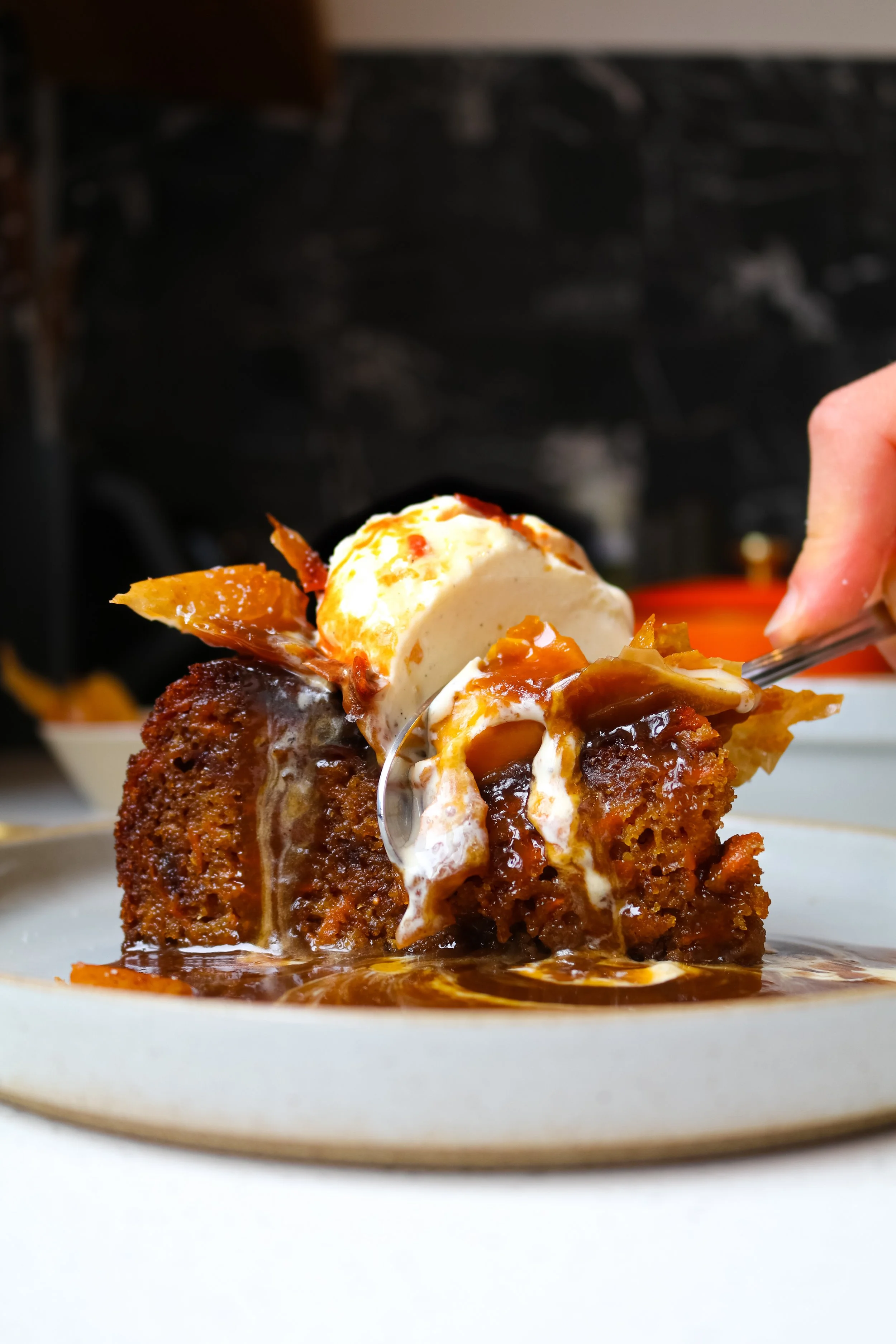 Gingernut &amp; Carrot Cake Sticky Toffee Pudding with Gingernut Toffee Sauce + Filo Brittle