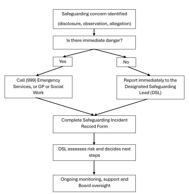 Flowchart diagram illustrating a safeguarding protocol with steps including identifying concerns, assessing immediate danger, emergency contact or reporting to safeguarding lead, completing incident record, risk assessment, and ongoing monitoring.
