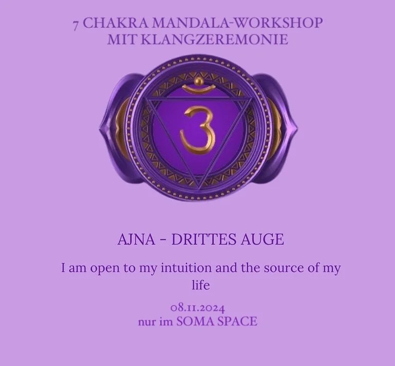 🧿7 CHAKRA MANDALA-WORKSHOP MIT KLANGMEDITATION 
Next - &gt; 08.11.24 19 Uhr bis 20.30 Uhr im @somaspace.studio 

Das Dritte-Auge-Chakra, auch Ajna-Chakra genannt, ist das sechste Chakra im Energiesystem des K&ouml;rpers und liegt in der Mitte der St