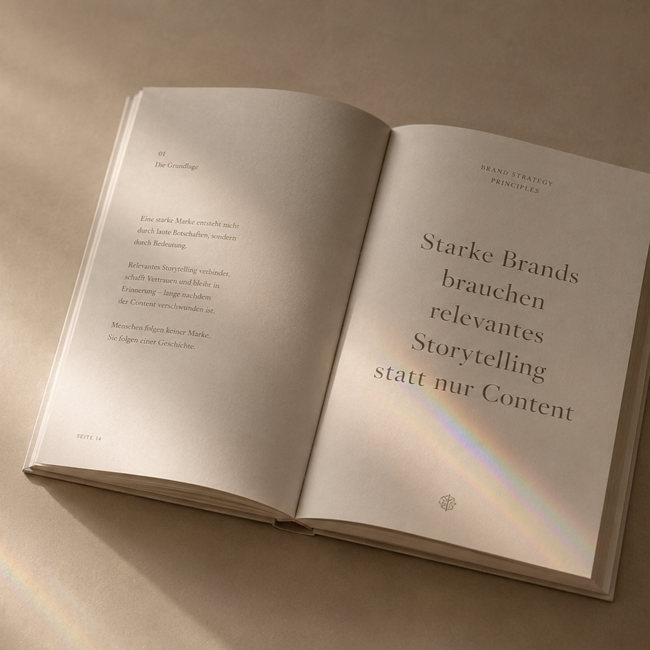 Offenes Buch mit deutschen Texten auf weißen Seiten, auf beige Hintergrund, Seiten 14 und 15 sichtbar, mit Regenbogenreflexion auf den Seiten.