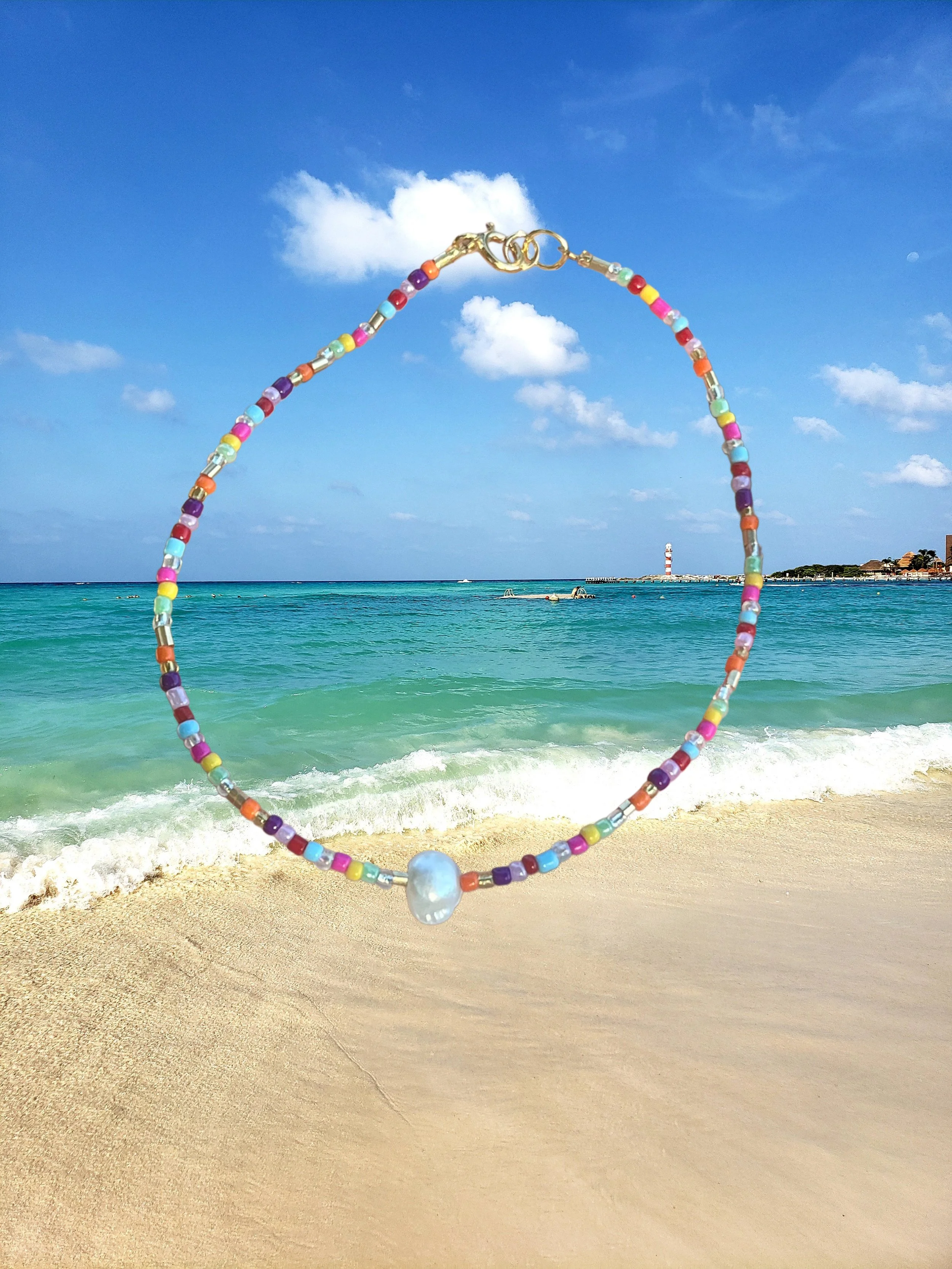 Rainbow & fresh water pearl anklet