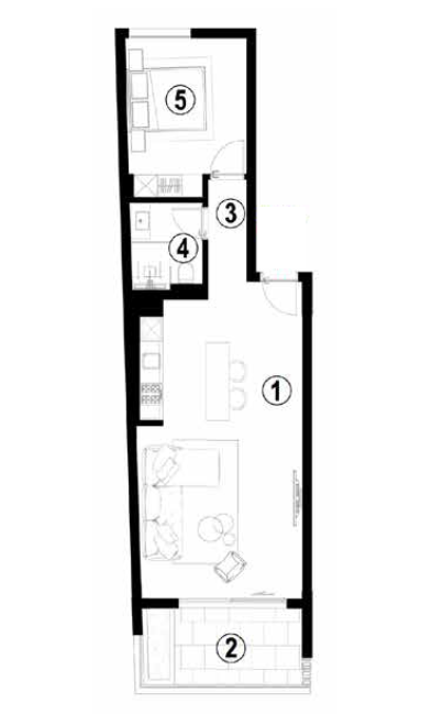 Plan d'étage d'un appartement avec cuisine, salon, balcon, salle de bain et chambre. Légende numérotée : 1. Cuisine/salle à manger, 2. Balcon, 3. Entrée, 4. Salle de bain, 5. Chambre.
