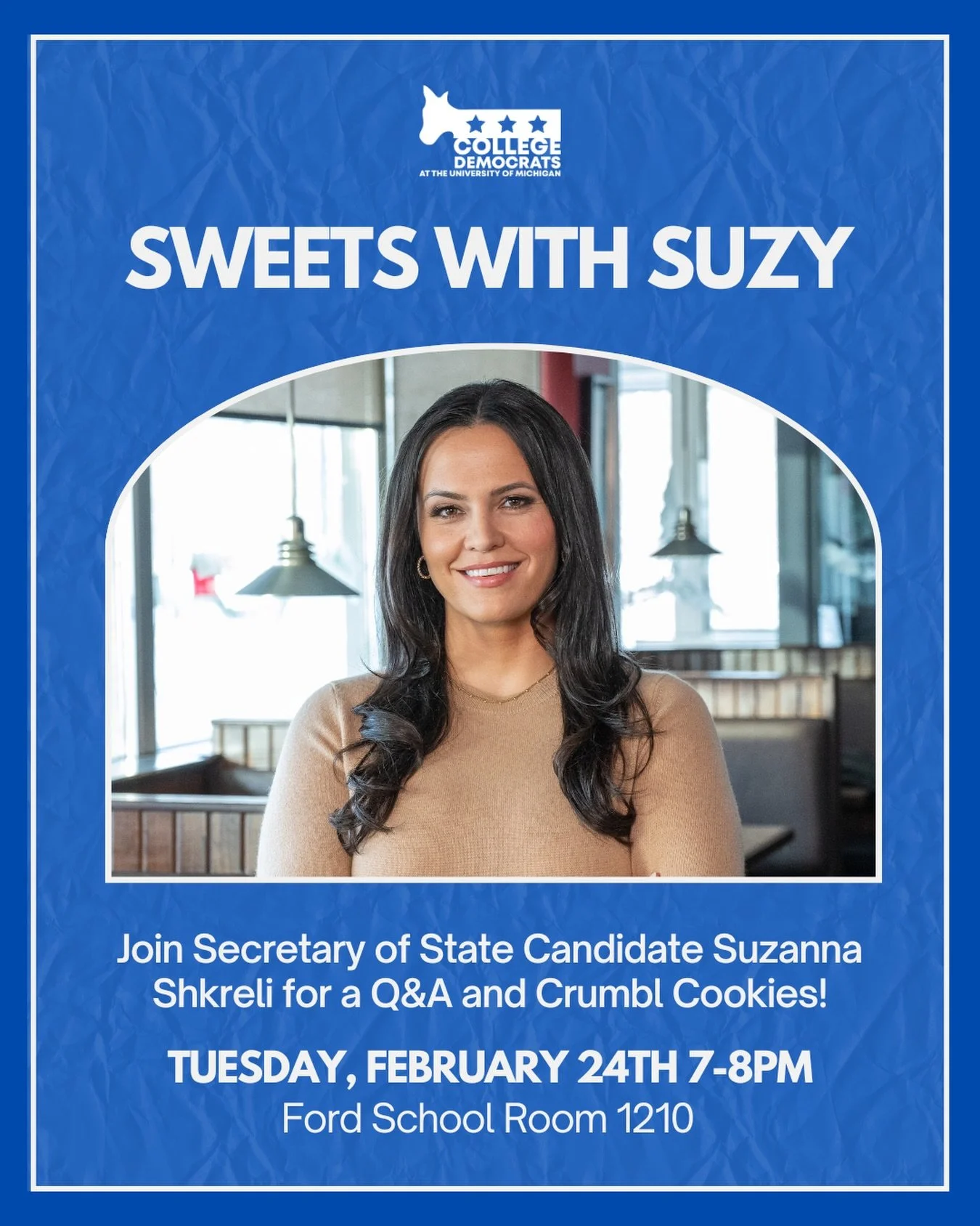 Have a question for Secretary of State Candidate Suzanna Shkreli? Now is your chance to ask it! Join us Tuesday, February 24th for conversation and FREE Crumbl Cookies!