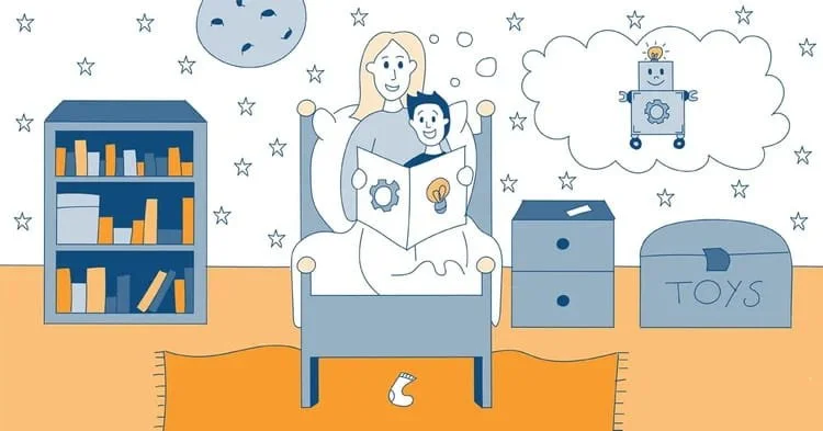 A woman and young child reading a book in a child's bedroom