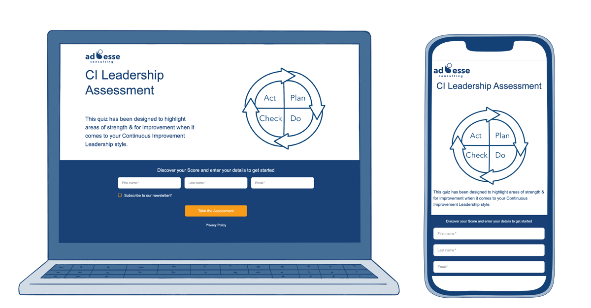 A laptop and smartphone with continuous improvement leadership on the screens