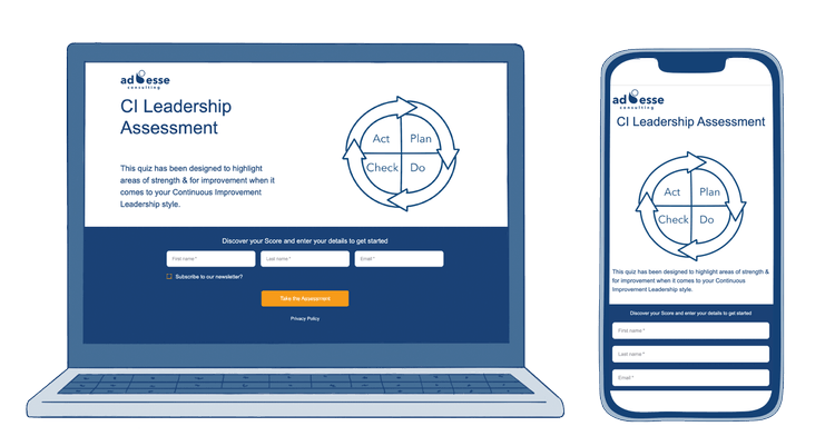 A laptop and phone with CI leadership assessment by Ad Esse on the screen