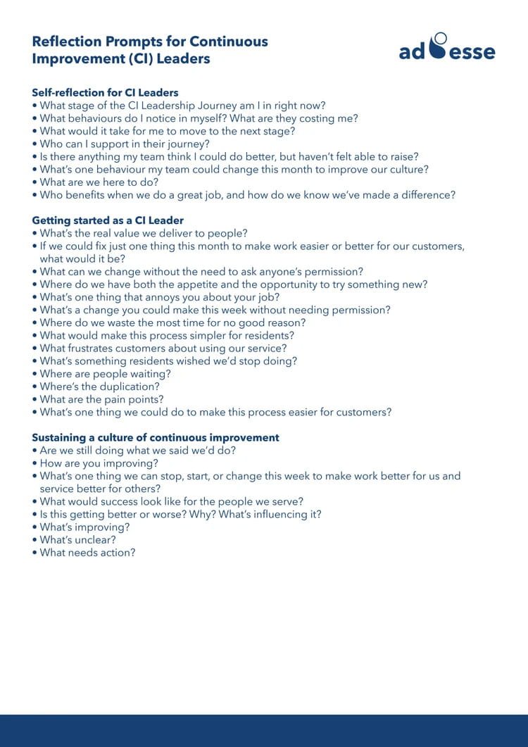 Reflection prompts for CI leaders by Ad Esse