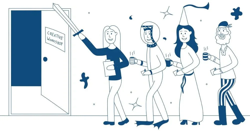 A group of people in costume walking into an open door