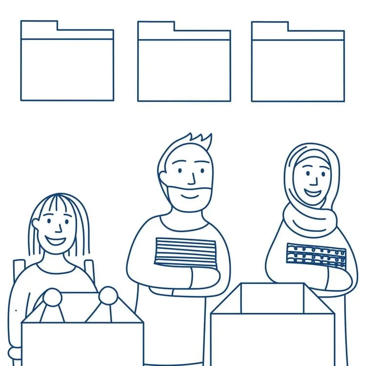 Three smiling people organisation files in boxes